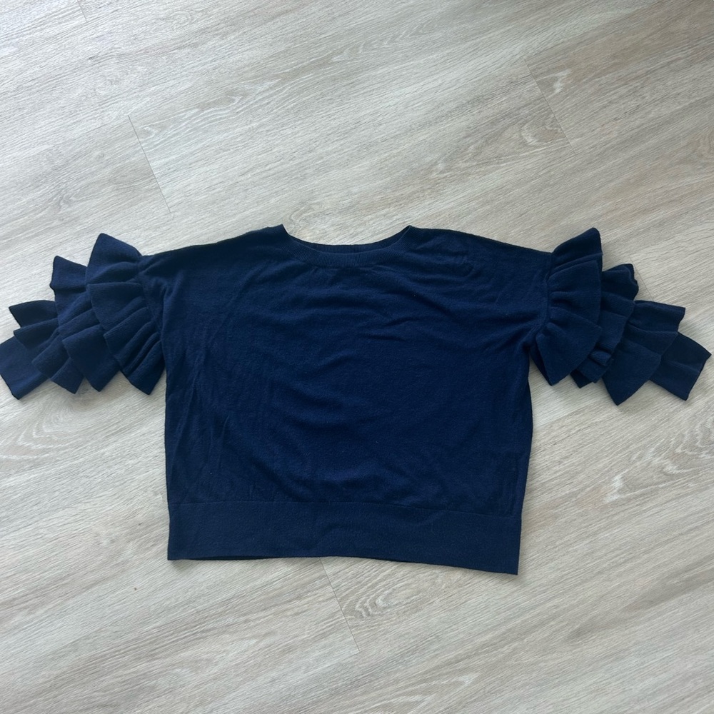 Club Monaco Womens Medium Blue Cashmere Short Sleeve Sweater Ruffle Sleeves